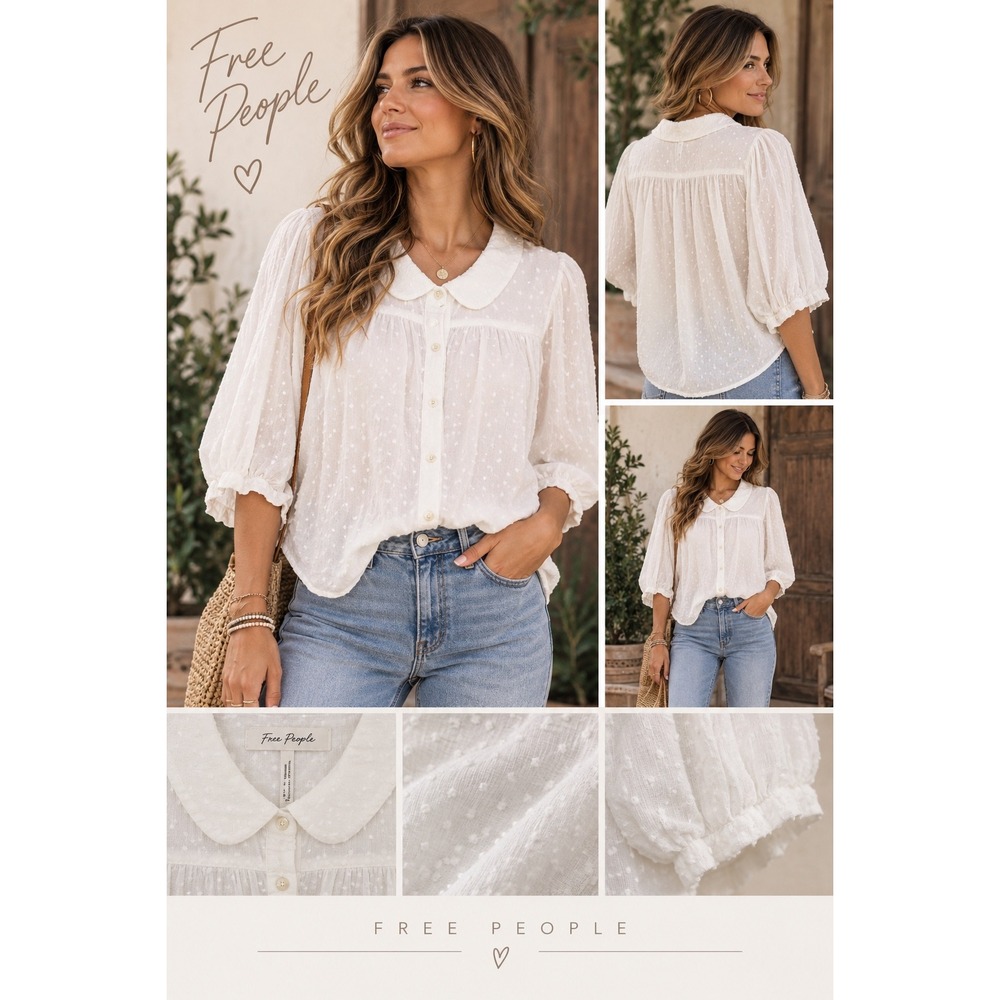 Free People White Swiss Dot Peter Pan Collar Button Down Blouse Small